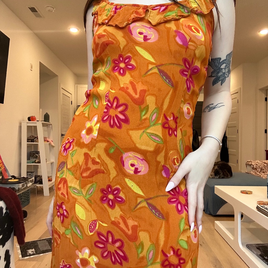 Vintage Orange Abstract Floral Print Crepe Boho Ruffle French Midi Dress Bon